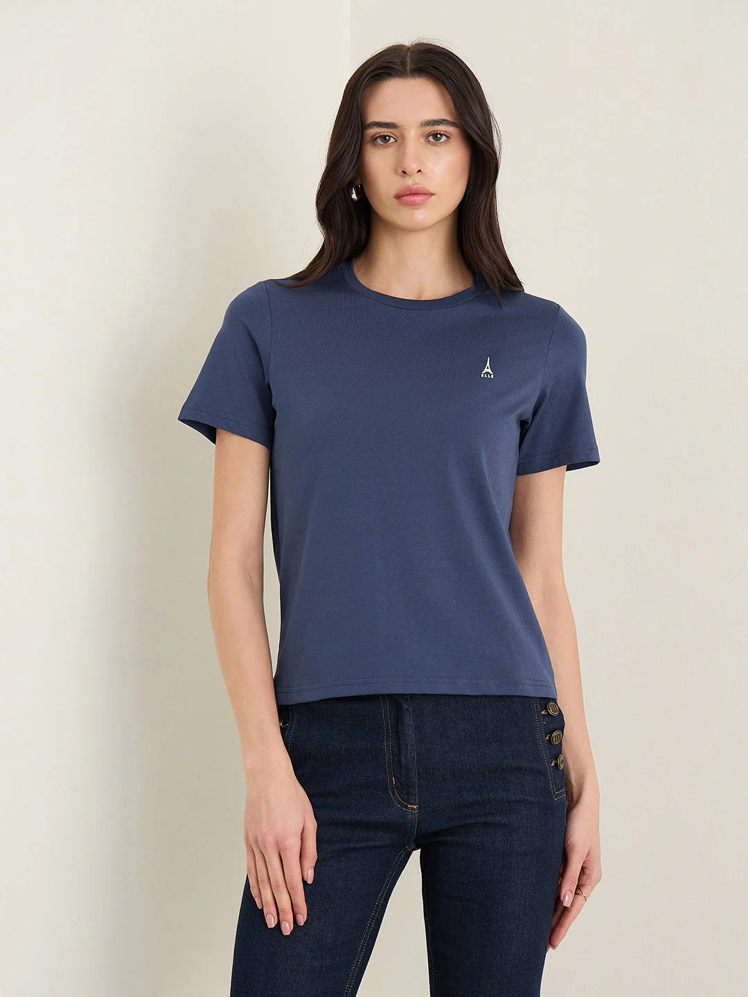 Elle Women Navy Blue Solid Regular Fit Pure Cotton T-Shirt - Image 2