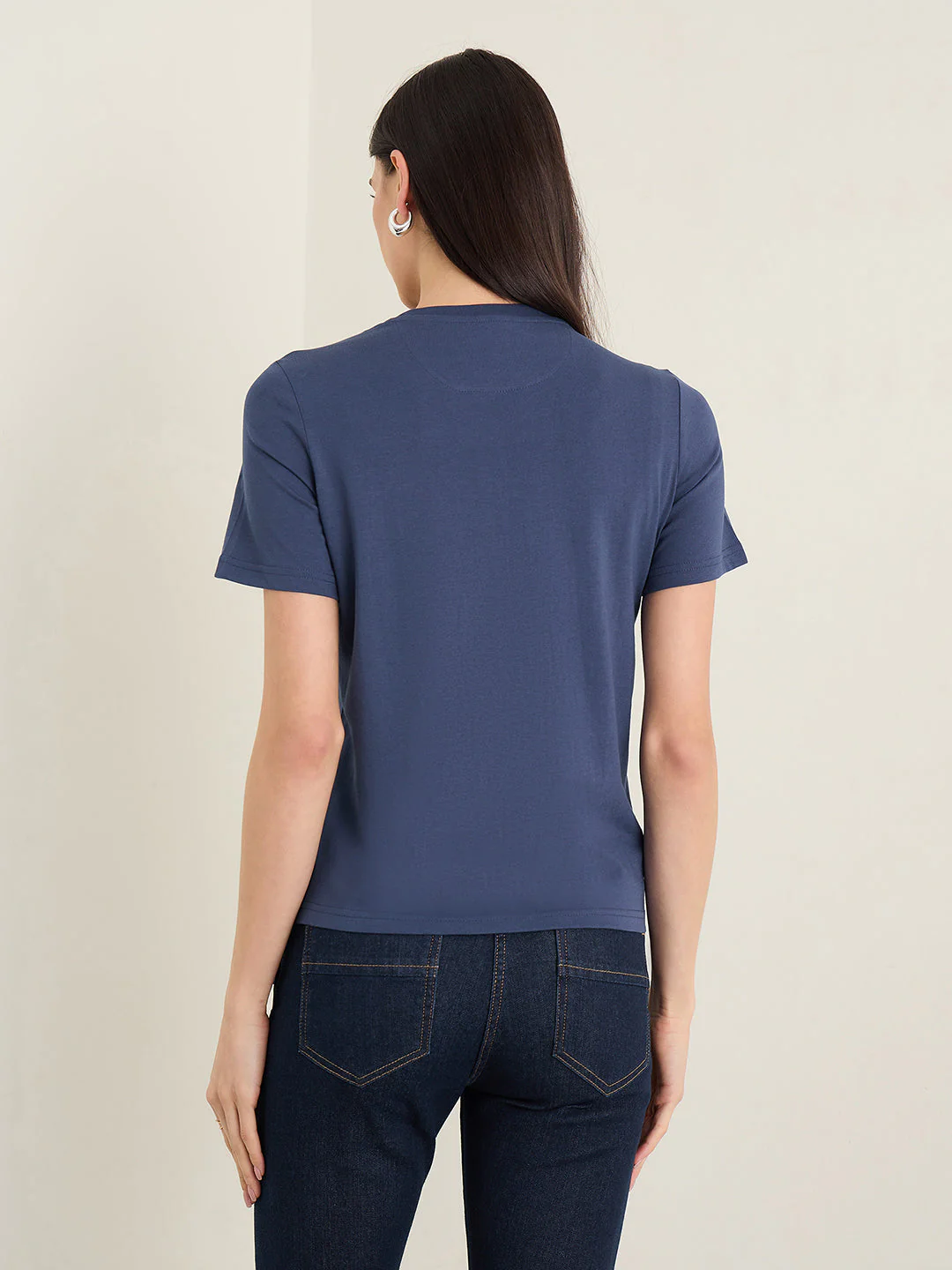Elle Women Navy Blue Solid Regular Fit Pure Cotton T-Shirt - Image 3