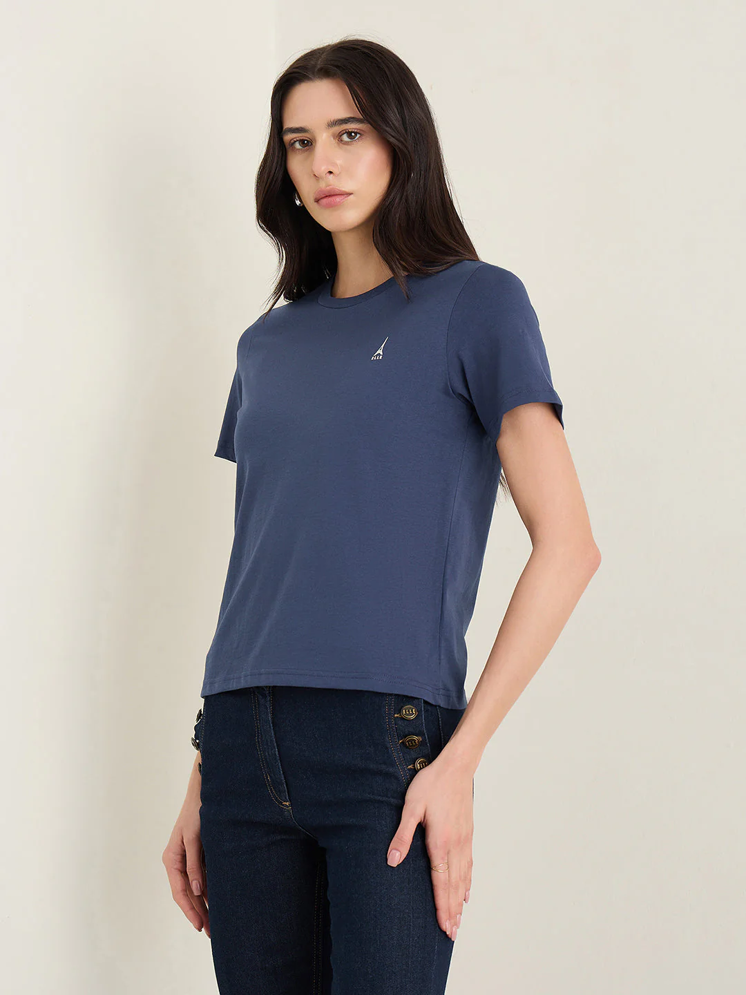 Elle Women Navy Blue Solid Regular Fit Pure Cotton T-Shirt - Image 4