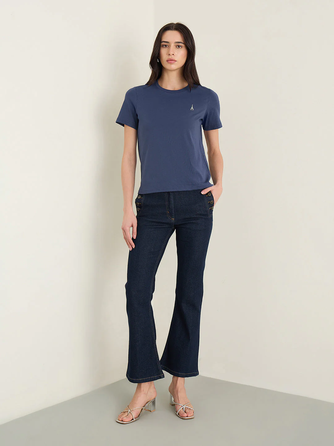 Elle Women Navy Blue Solid Regular Fit Pure Cotton T-Shirt - Image 5