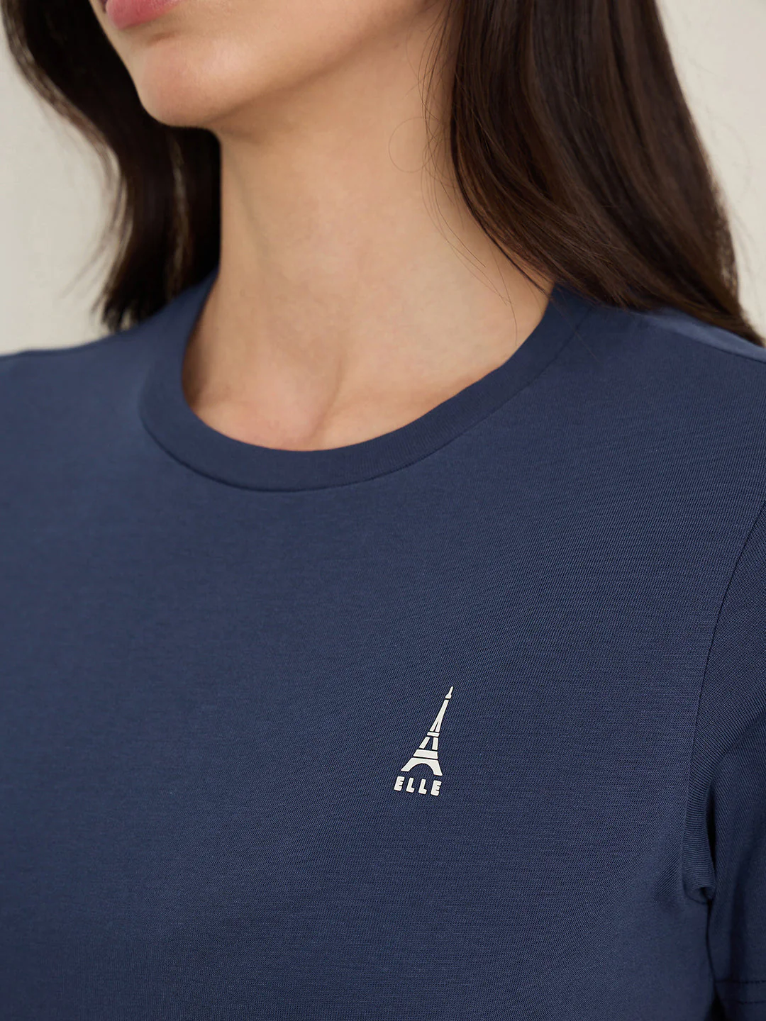 Elle Women Navy Blue Solid Regular Fit Pure Cotton T-Shirt - Image 6
