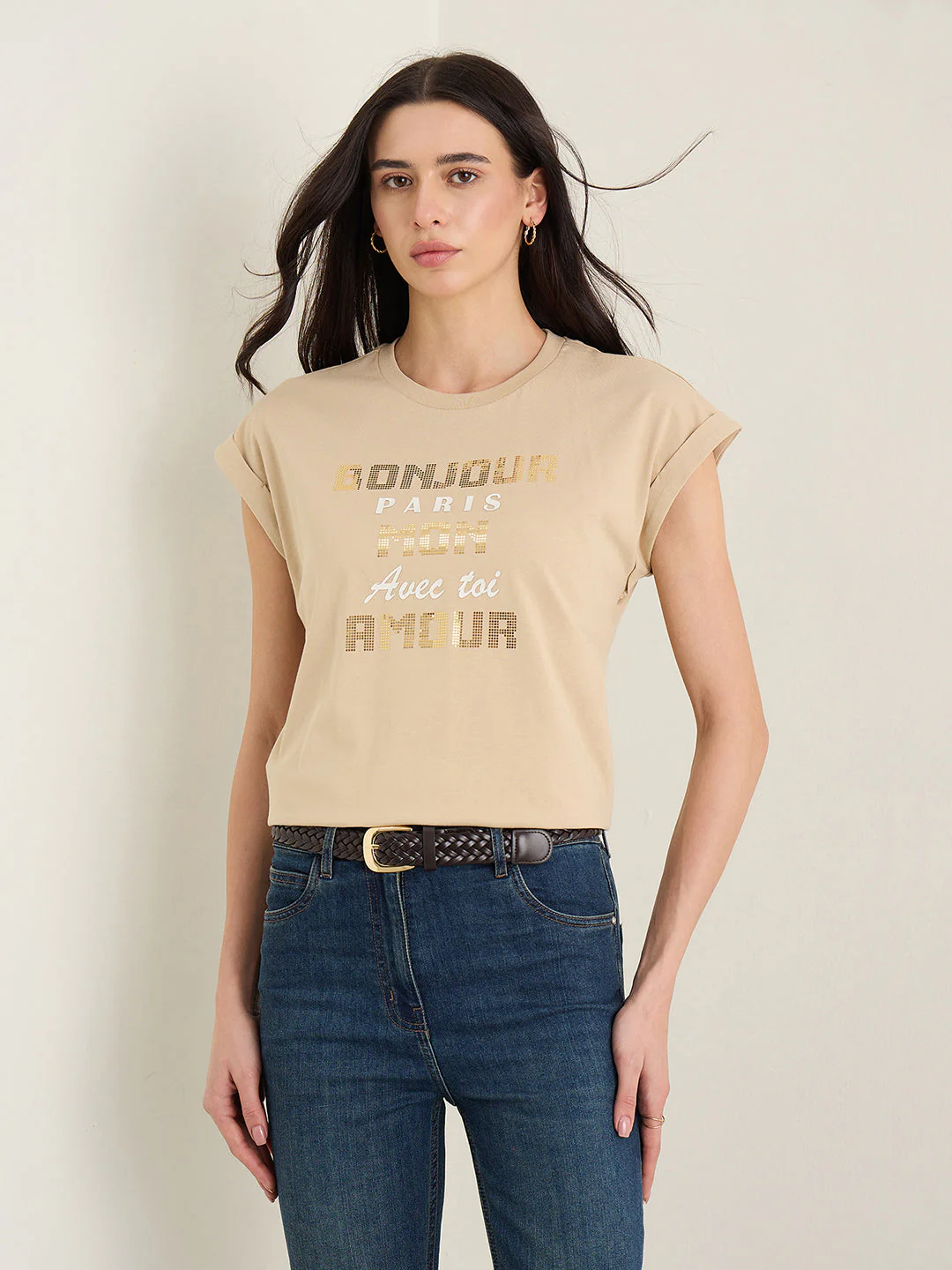 Elle Women Beige Printed Regular Fit Pure Cotton T-Shirt