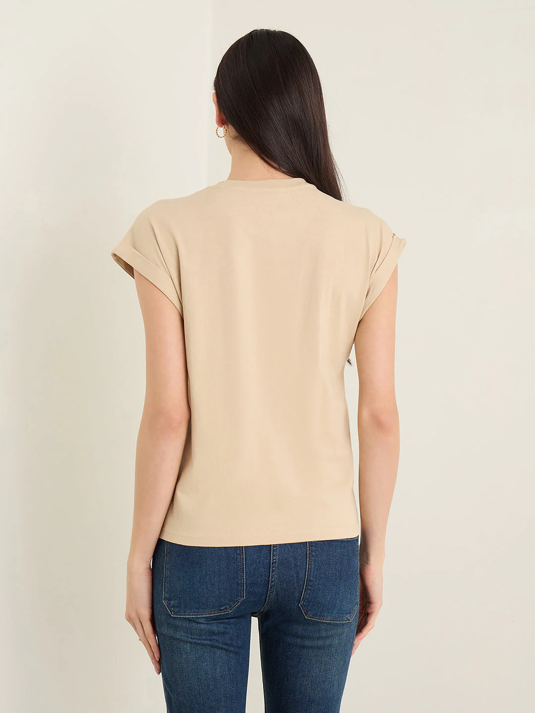 Elle Women Beige Printed Regular Fit Pure Cotton T-Shirt - Image 2