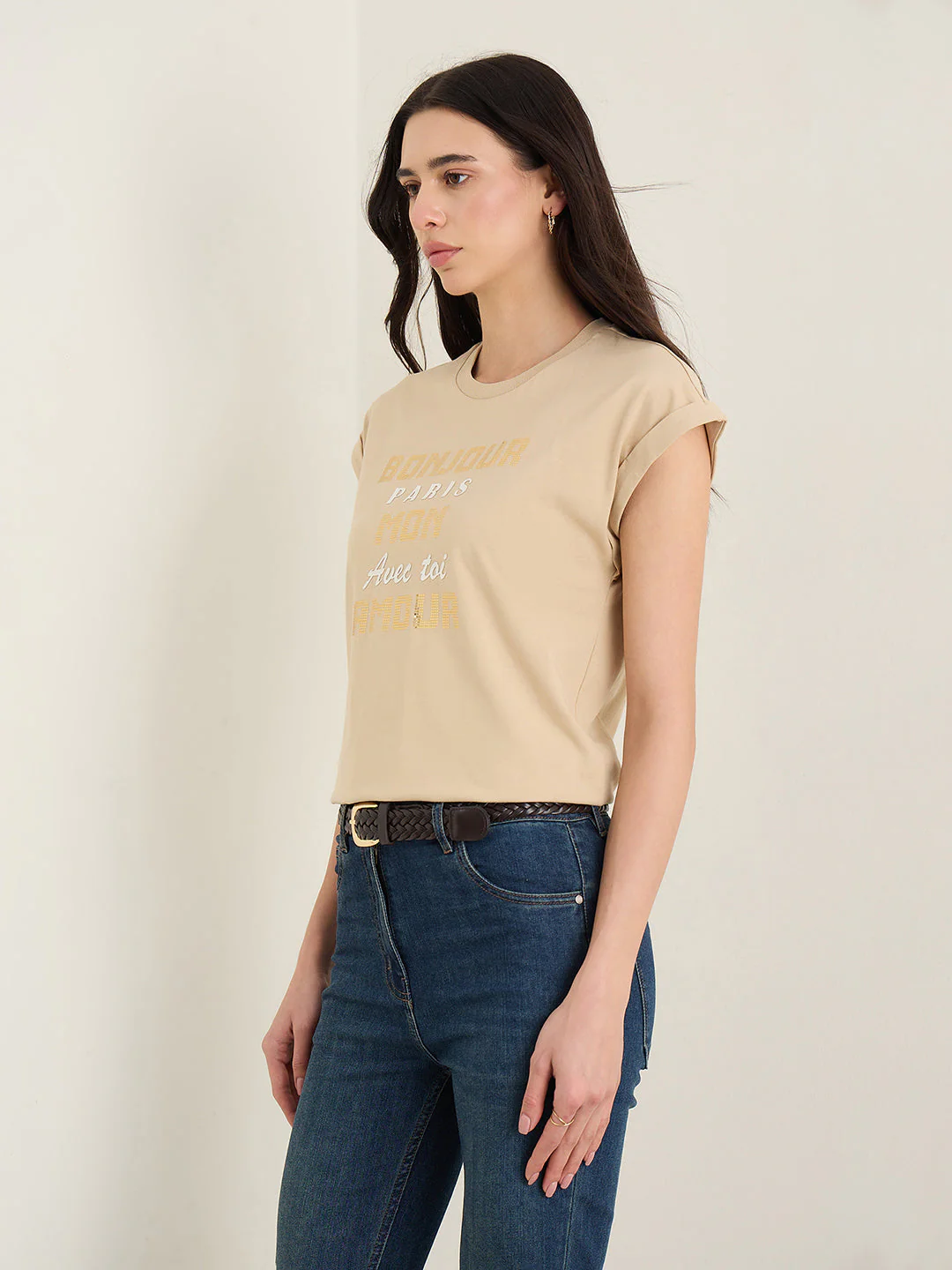 Elle Women Beige Printed Regular Fit Pure Cotton T-Shirt - Image 3