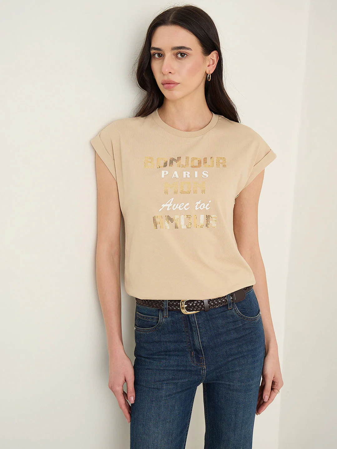 Elle Women Beige Printed Regular Fit Pure Cotton T-Shirt - Image 4