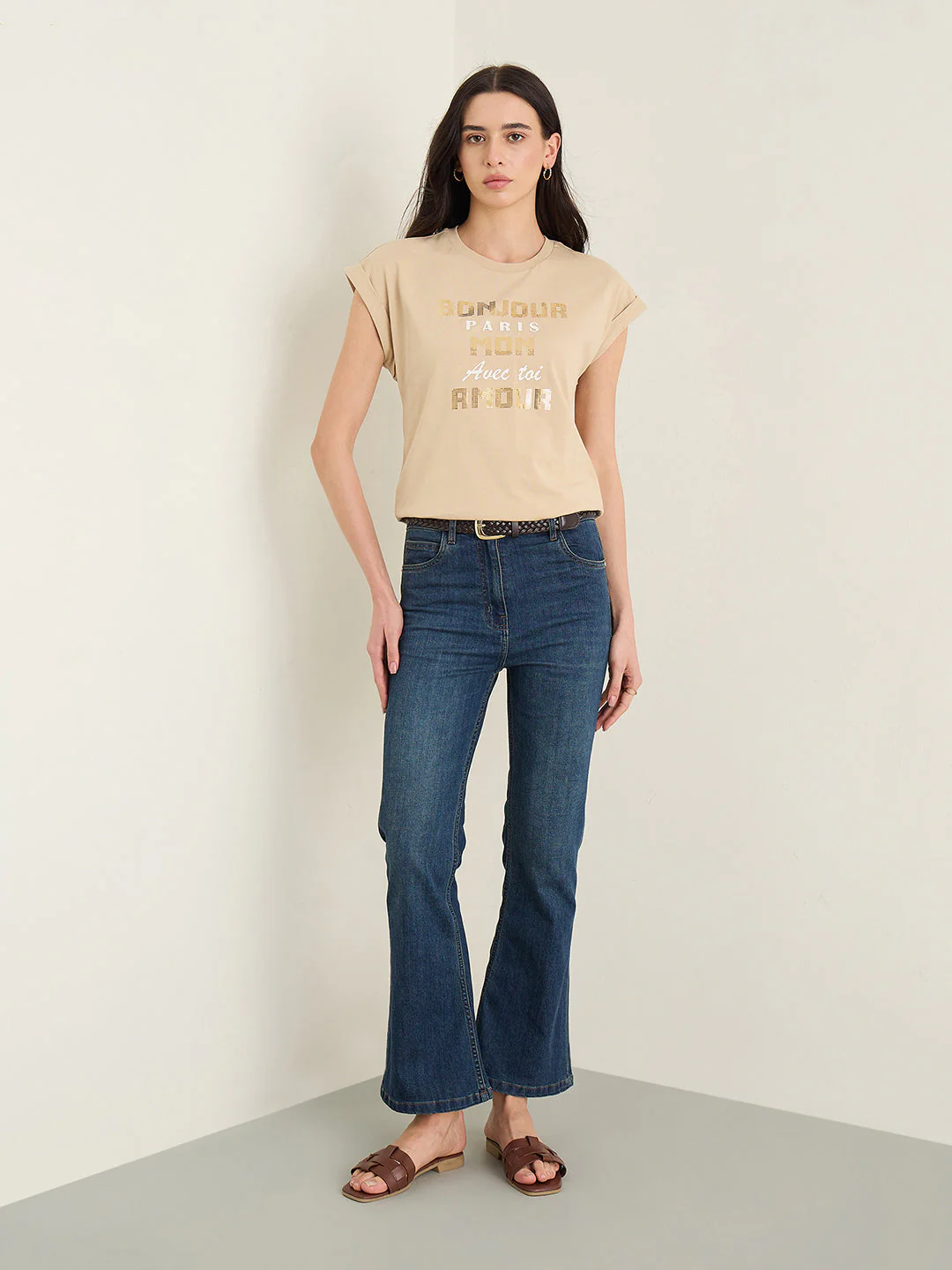 Elle Women Beige Printed Regular Fit Pure Cotton T-Shirt - Image 5