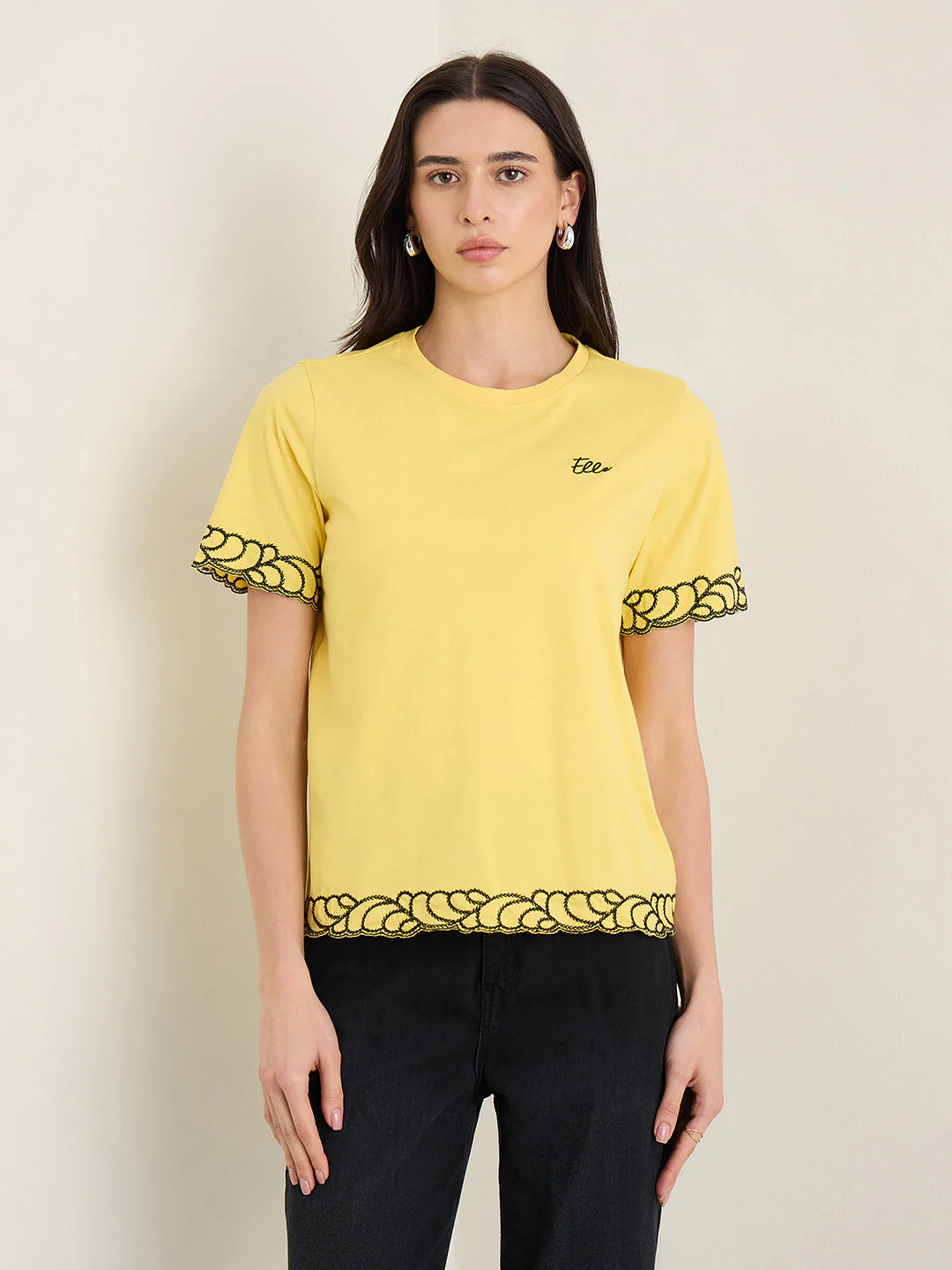 Elle Women Yellow Solid Relaxed Fit Pure Cotton T-Shirt - Image 2