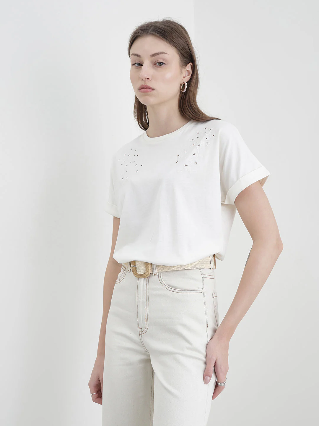 Elle Women White Solid Relaxed Fit Pure Cotton T-Shirt - Image 3