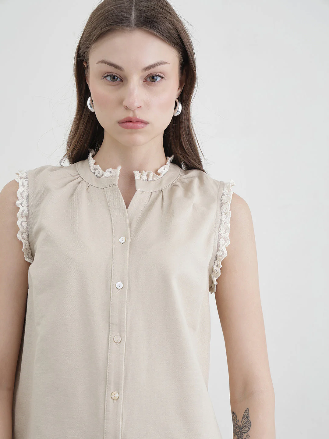 Elle Women Beige Solid Regular Fit Pure Cotton Top - Image 4