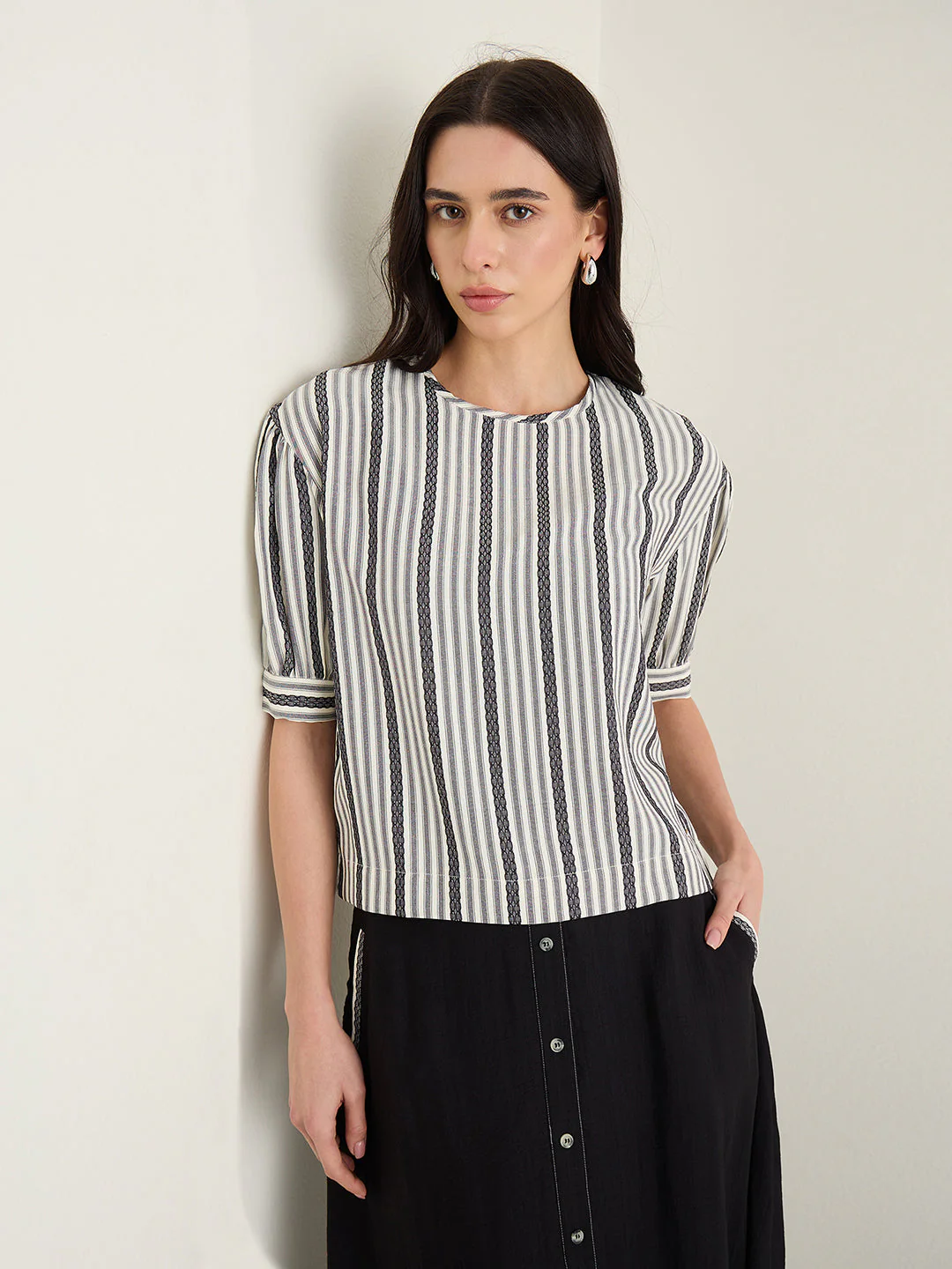 Elle Women White Striped Relaxed Fit Top