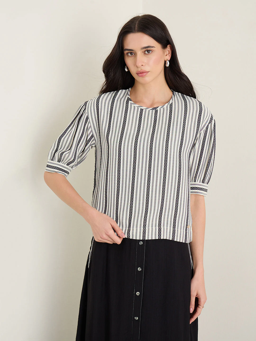 Elle Women White Striped Relaxed Fit Top - Image 2