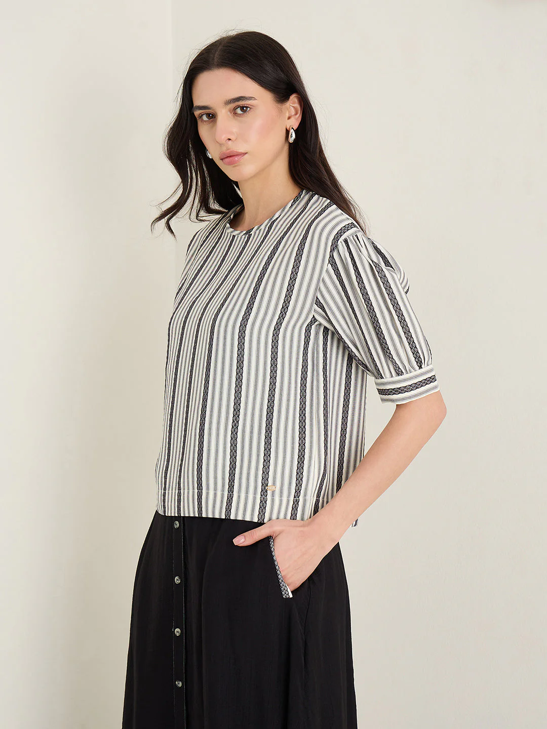 Elle Women White Striped Relaxed Fit Top - Image 4