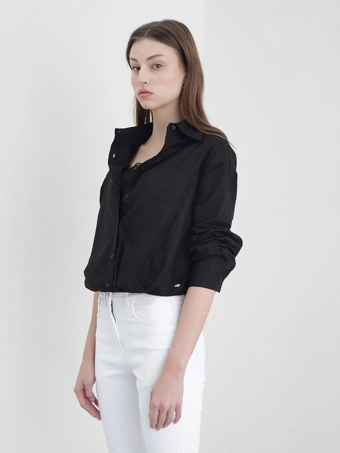 Elle Women Black Solid Relaxed Fit Pure Cotton Shirt - Image 3