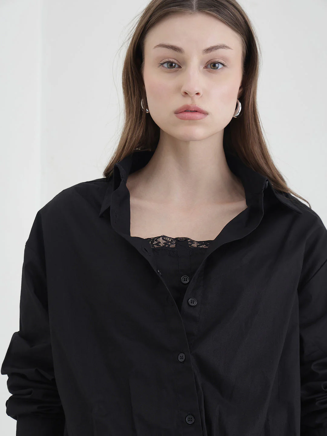 Elle Women Black Solid Relaxed Fit Pure Cotton Shirt - Image 5