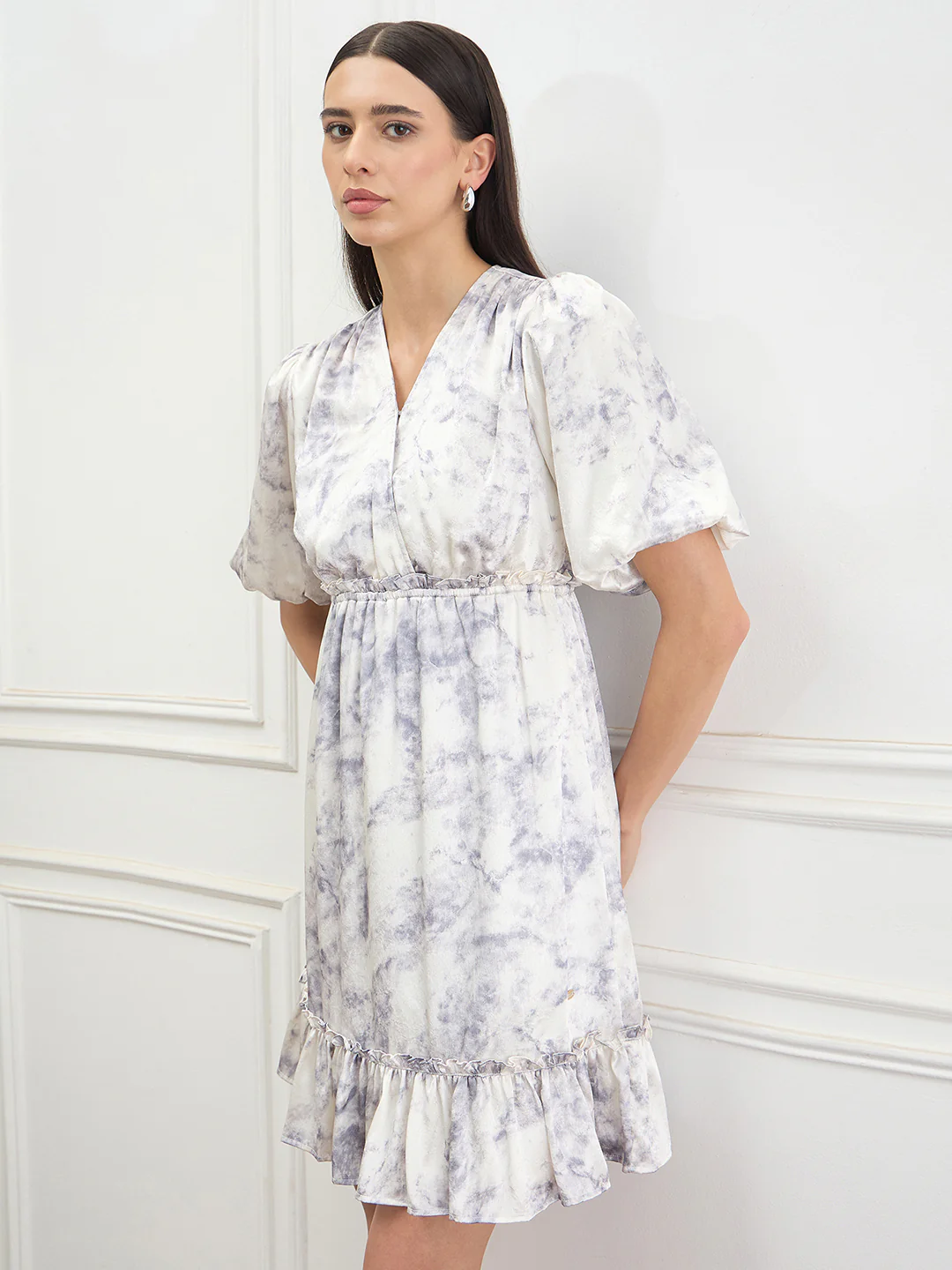 Elle Women Cream Printed Fit & Flared Dress