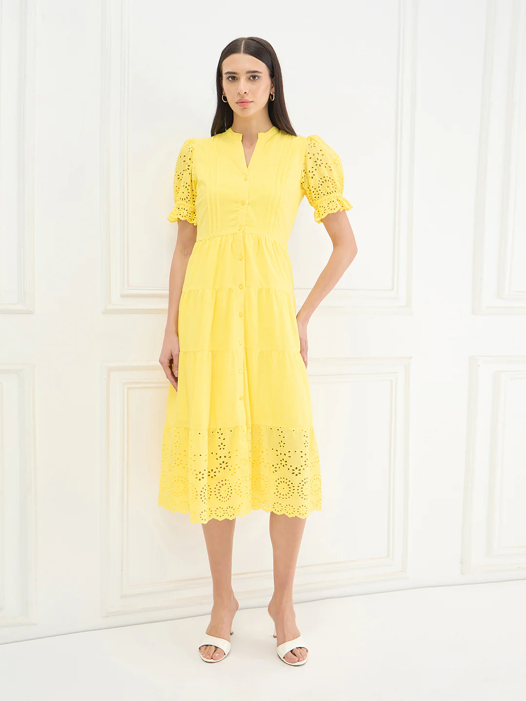 Elle Women Yellow Solid Relaxed Fit Pure Cotton Dress