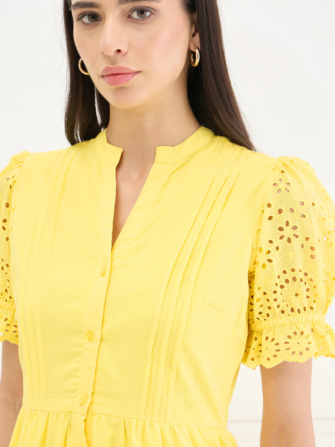 Elle Women Yellow Solid Relaxed Fit Pure Cotton Dress - Image 3