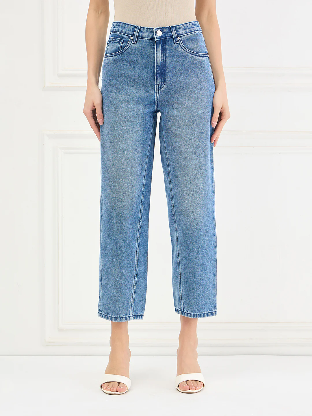 Elle Women Blue Solid Mom Fit Jeans