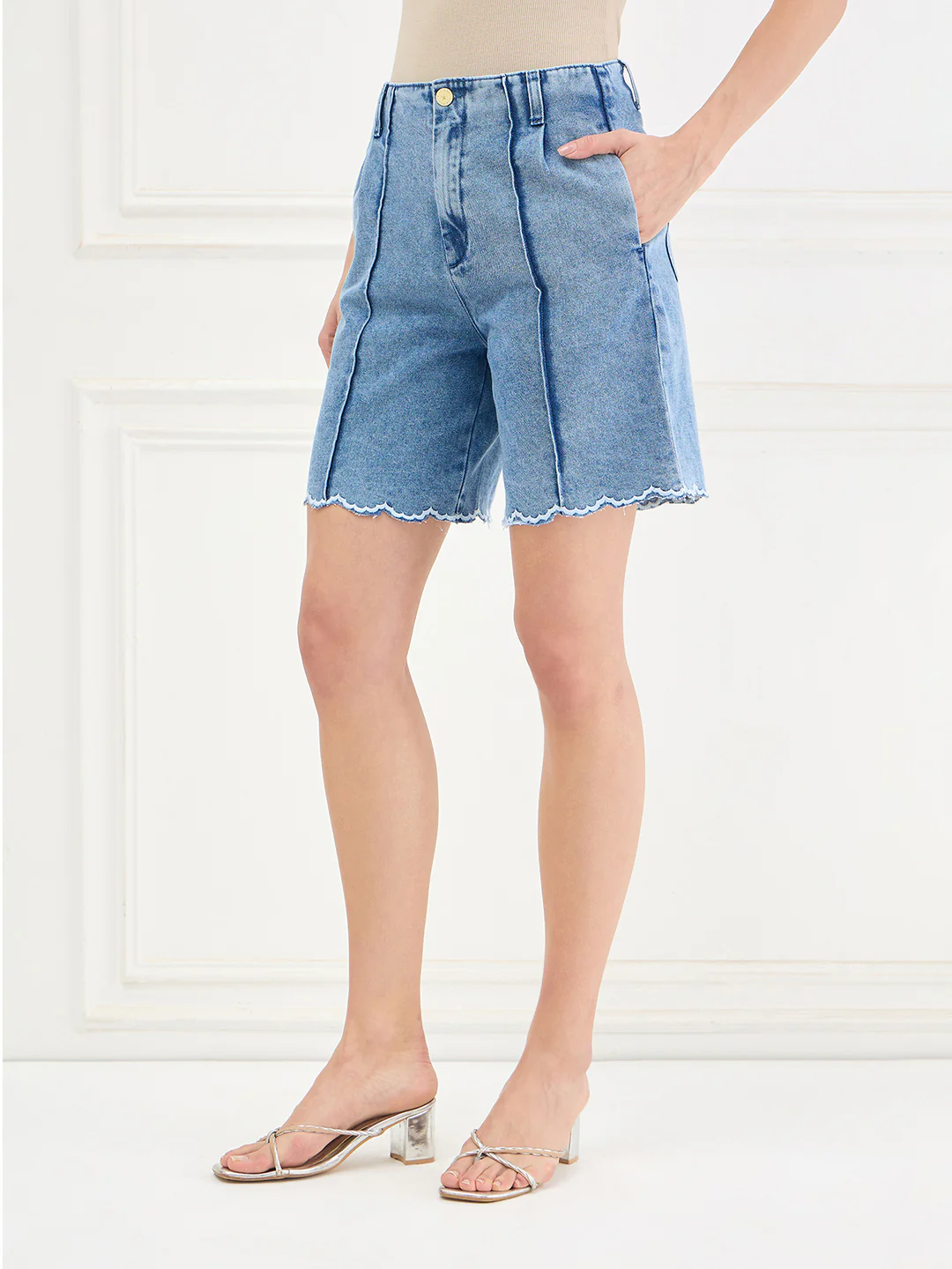 Elle Women Blue Solid Relaxed Fit Shorts - Image 6