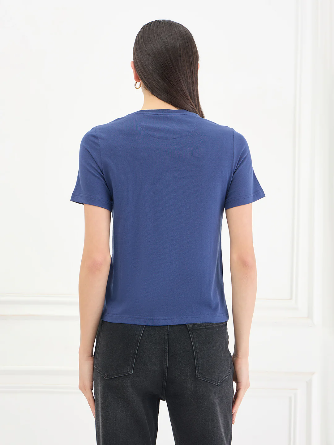 Elle Women Blue Solid Regular Fit Pure Cotton T-Shirt - Image 4