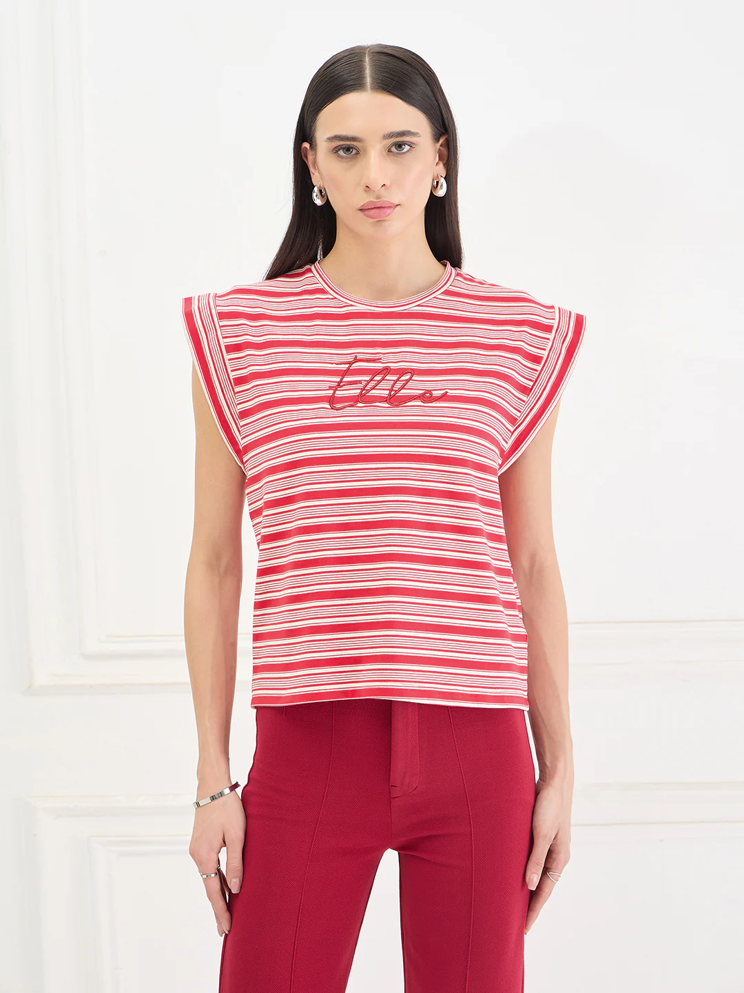 Elle Women Red Striped Relaxed Fit T-Shirt - Image 2