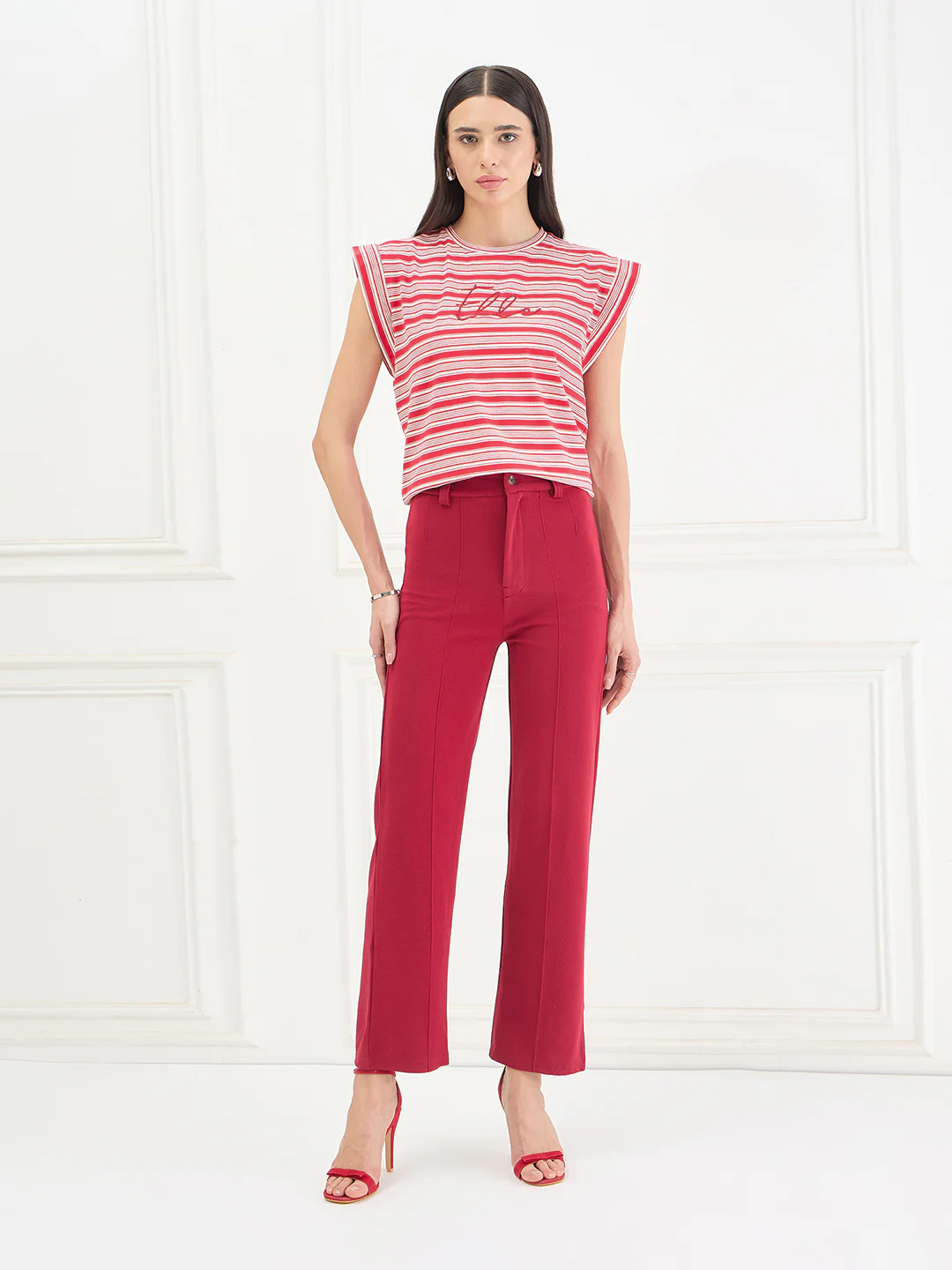 Elle Women Red Striped Relaxed Fit T-Shirt - Image 5