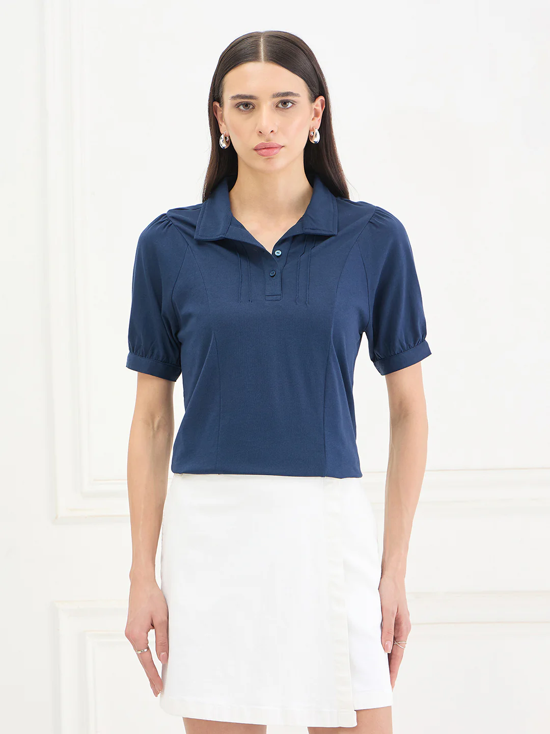 Elle Women Blue Solid Relaxed Fit Pure Cotton Top - Image 2