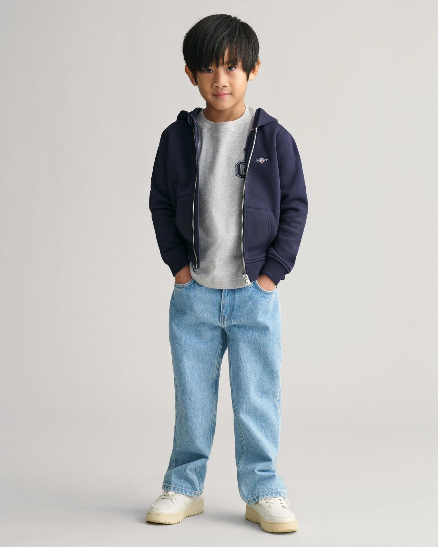 Gant Kids Blue Solid Hooded Full Sleeves Front-open Sweatshirt - Image 4