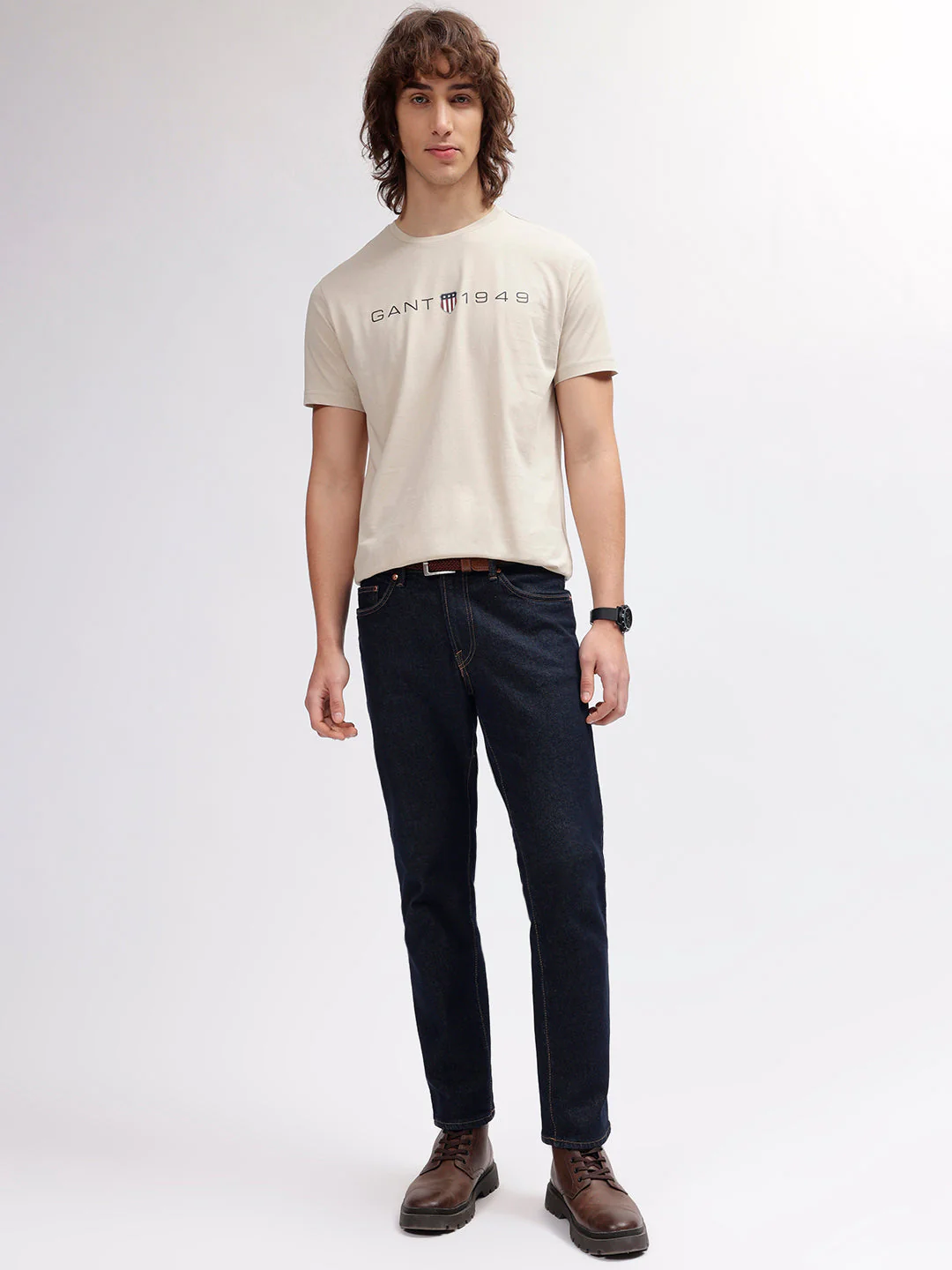 Gant Men Beige Solid Round Neck Short Sleeves Tshirt - Image 5