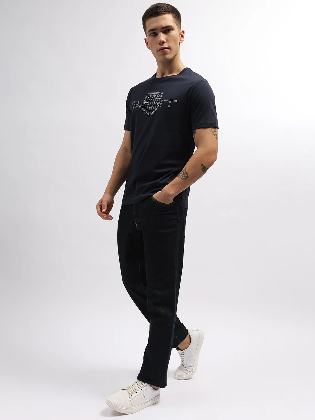 Gant Men Navy Blue Printed Round Neck Short Sleeves Tshirt - Image 5