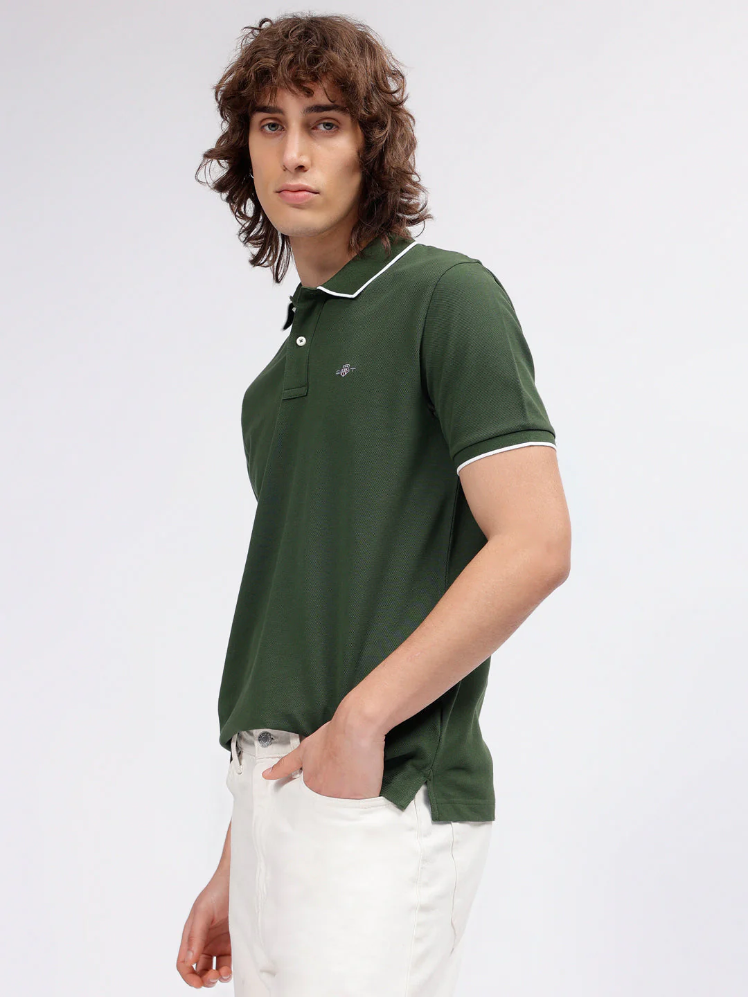 Gant Men Green Solid Polo Collar Short Sleeves Tshirt - Image 2