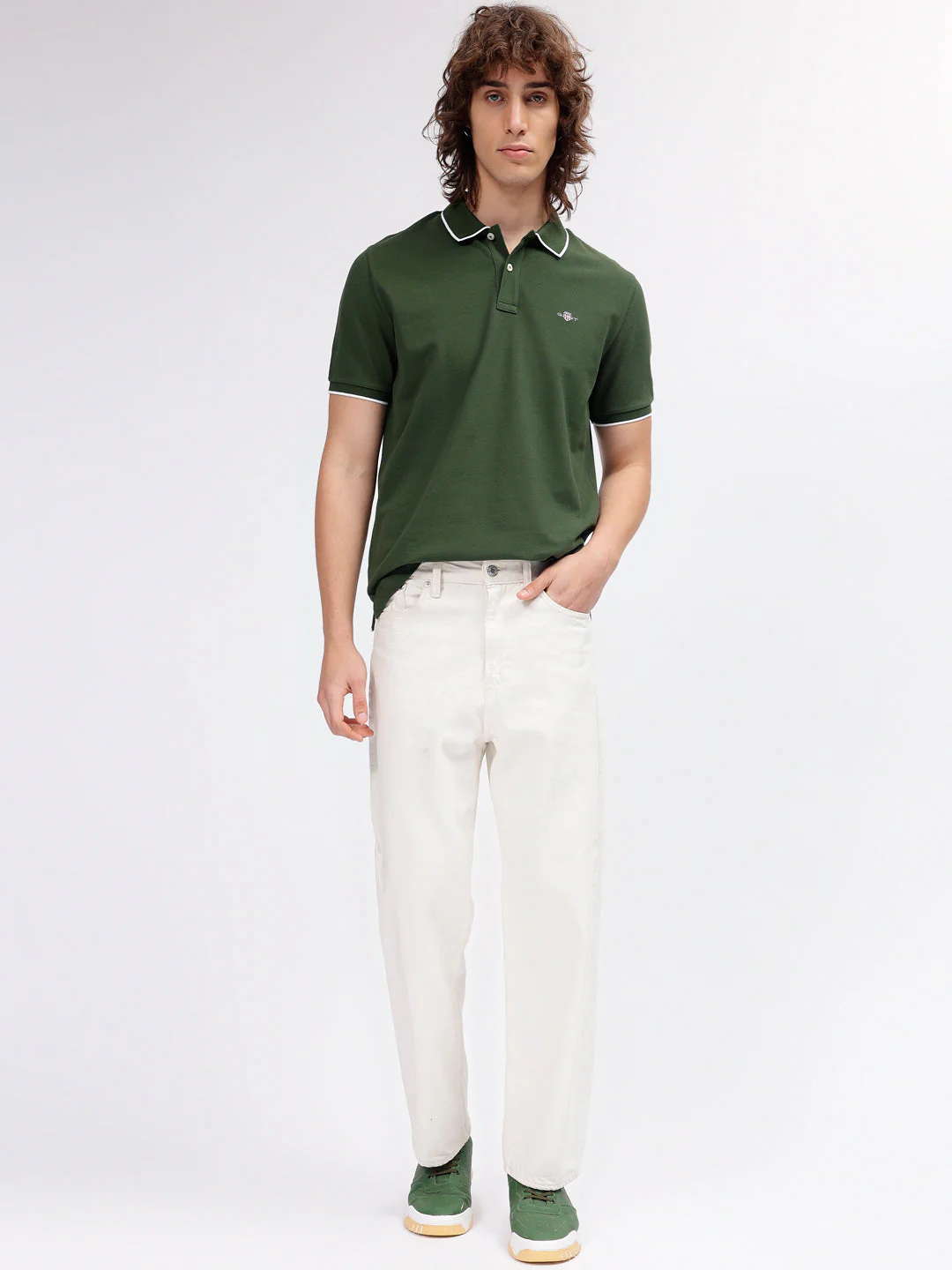 Gant Men Green Solid Polo Collar Short Sleeves Tshirt - Image 4