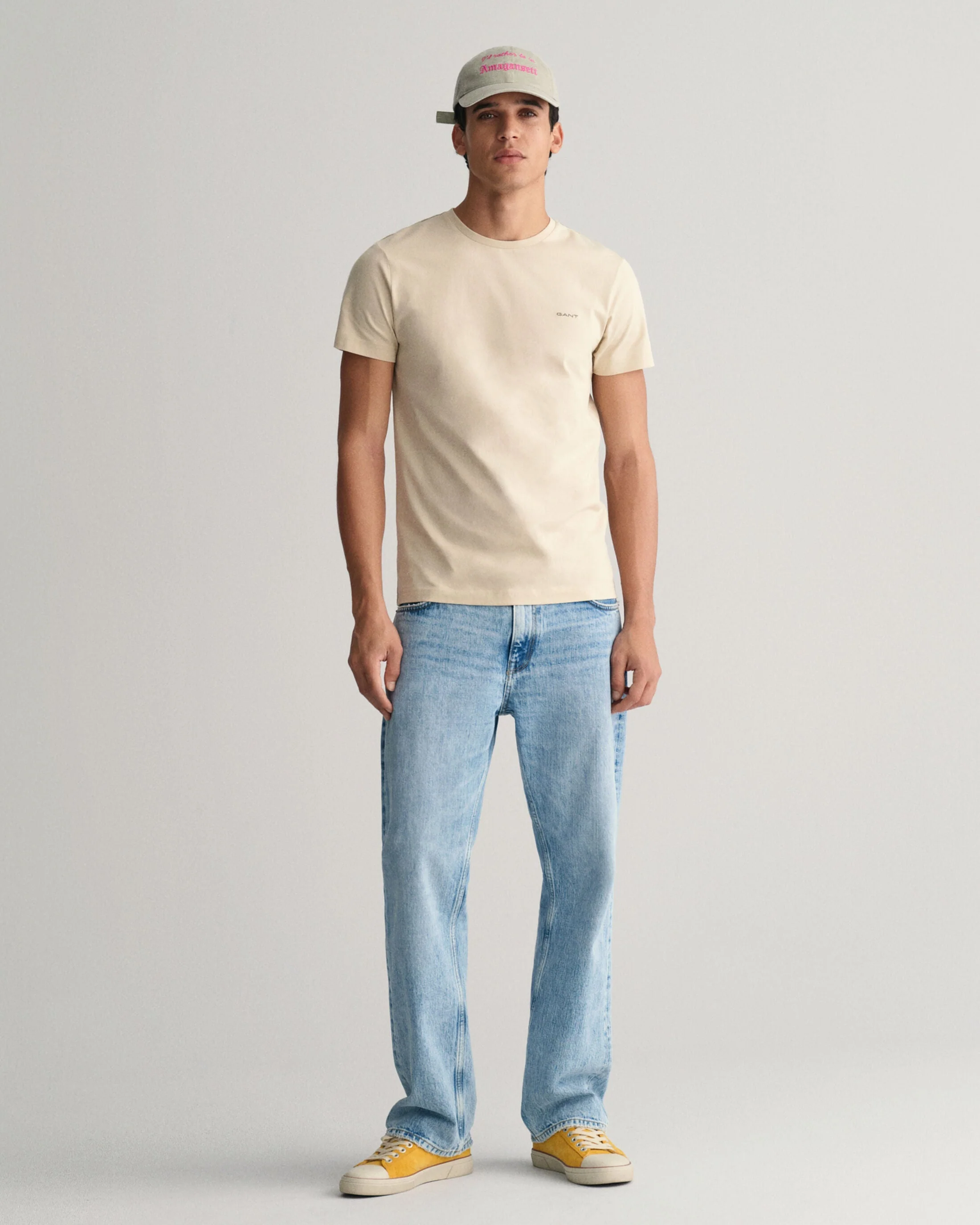 Gant Men Beige Solid Round Neck Short Sleeves Tshirt - Image 4