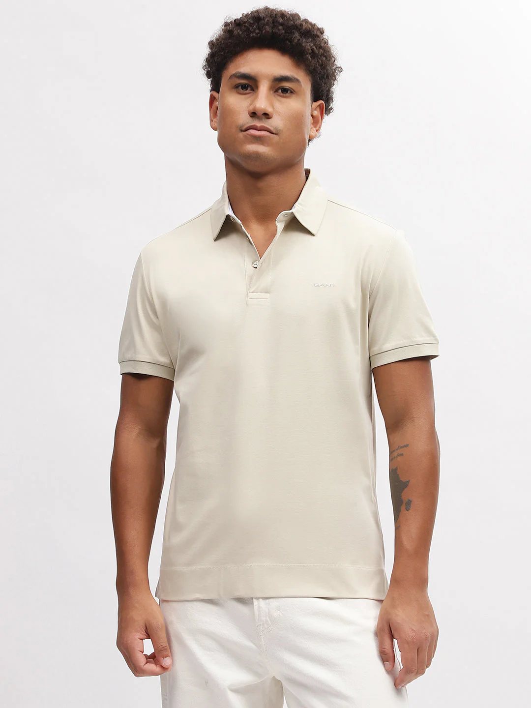 Gant Men Beige Solid Polo Collar Short Sleeves Tshirt