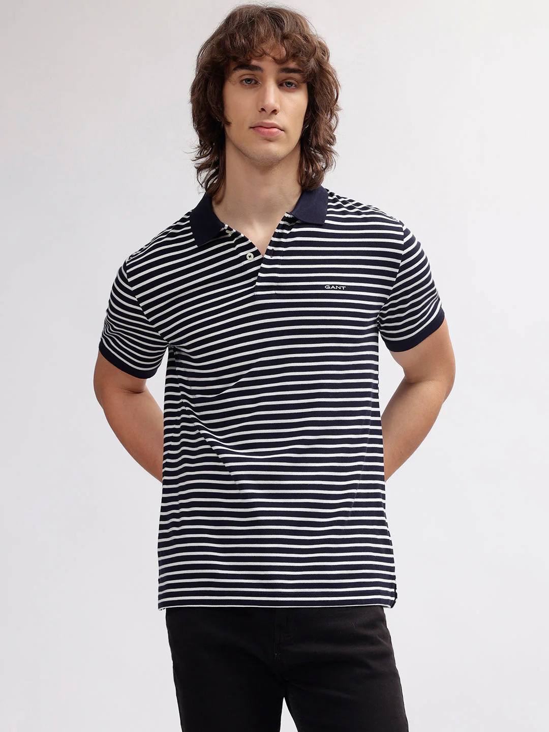 Gant Men Navy Blue Striped Polo Collar Short Sleeves Tshirt - Image 2