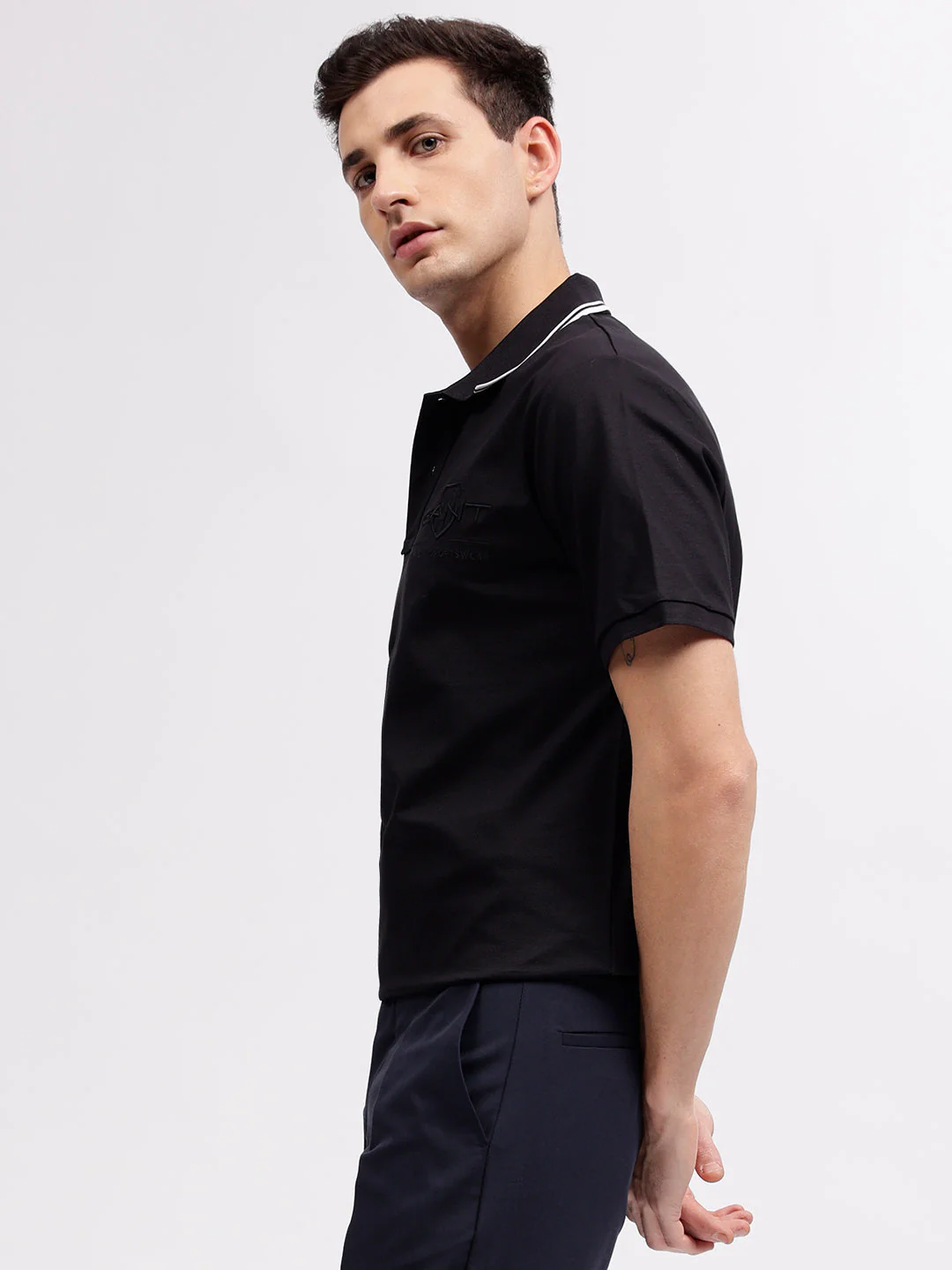 Gant Men Black Solid Polo Collar Short Sleeves Tshirt - Image 3