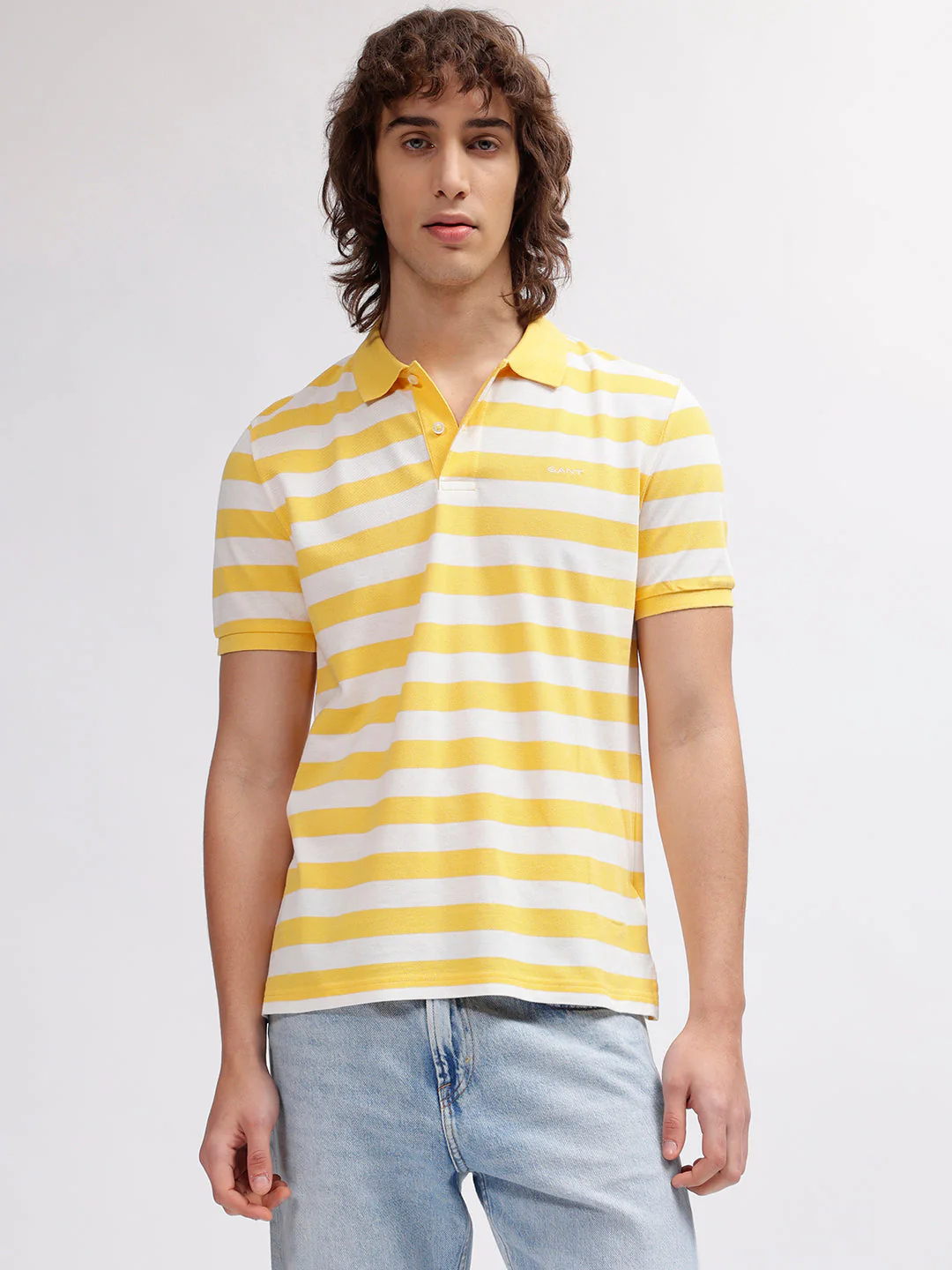 Gant Men Yellow Striped Polo Collar Short Sleeves Tshirt - Image 2