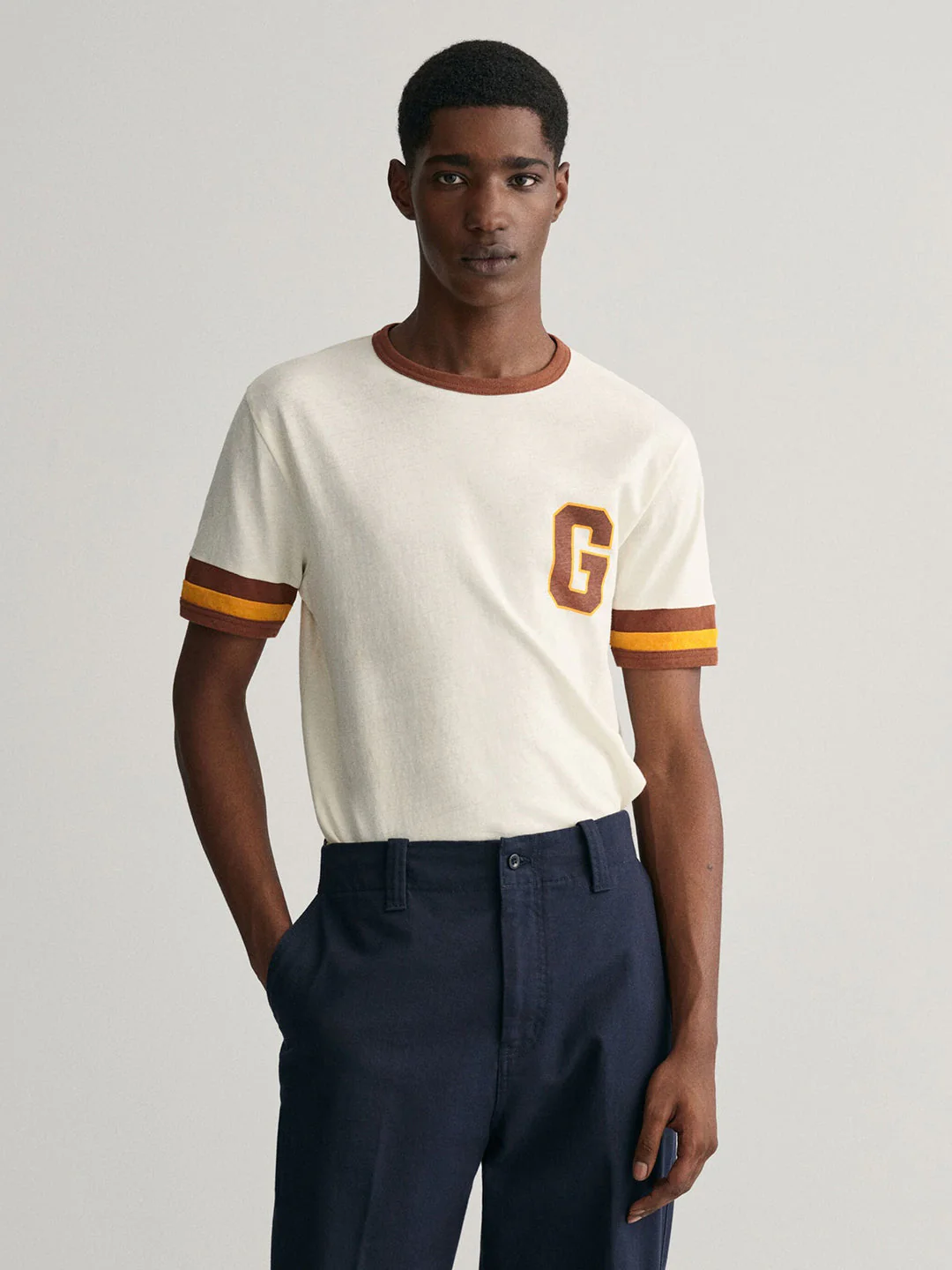 Gant Men Cream Solid Round Neck Short Sleeves Tshirt