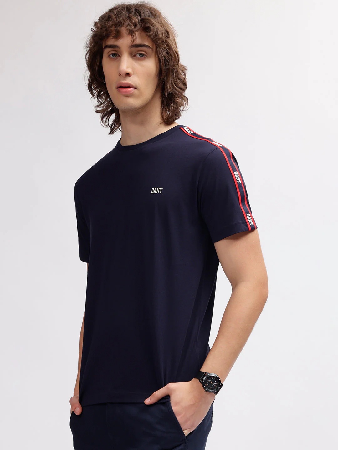 Gant Men Navy Blue Solid Round Neck Short Sleeves Tshirt - Image 3