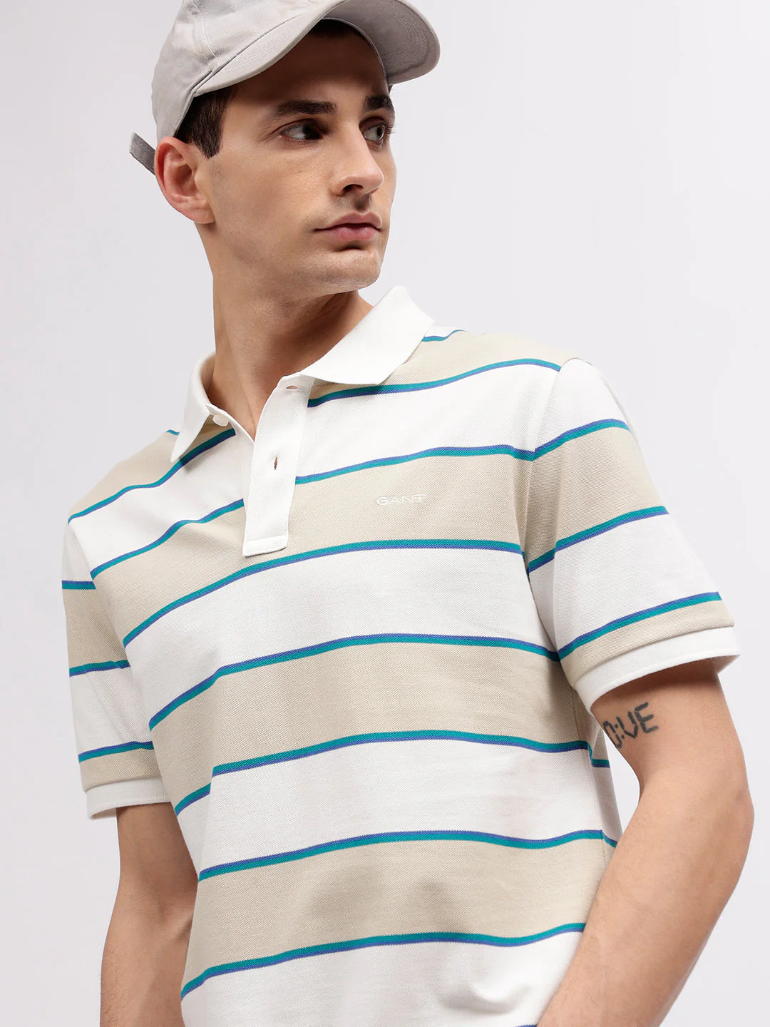 Gant Men Beige Striped Polo Collar Short Sleeves Tshirt - Image 2