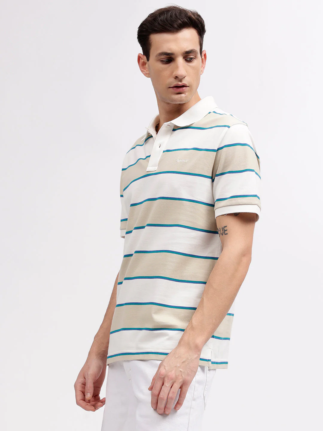 Gant Men Beige Striped Polo Collar Short Sleeves Tshirt - Image 3