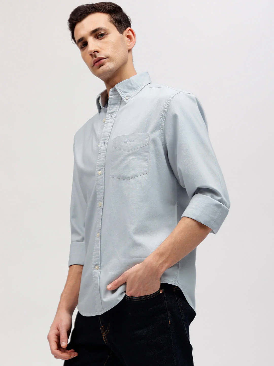 Gant Men Blue Solid Button-down Collar Full Sleeves Shirt - Image 3
