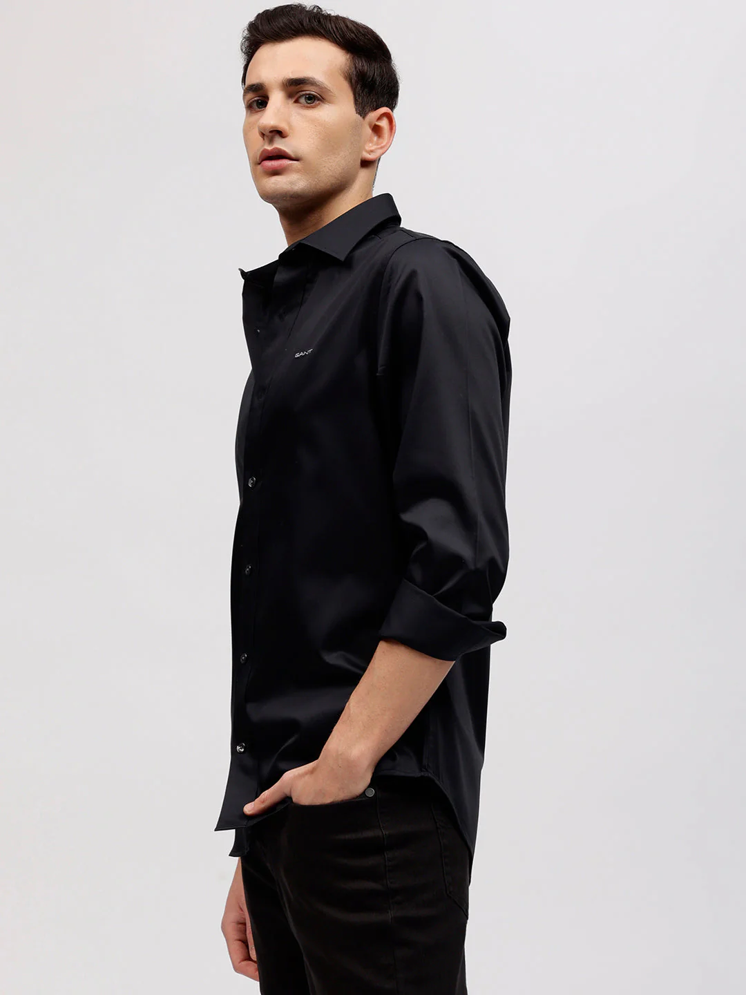 Gant Men Black Solid Spread Collar Full Sleeves Shirt - Image 3