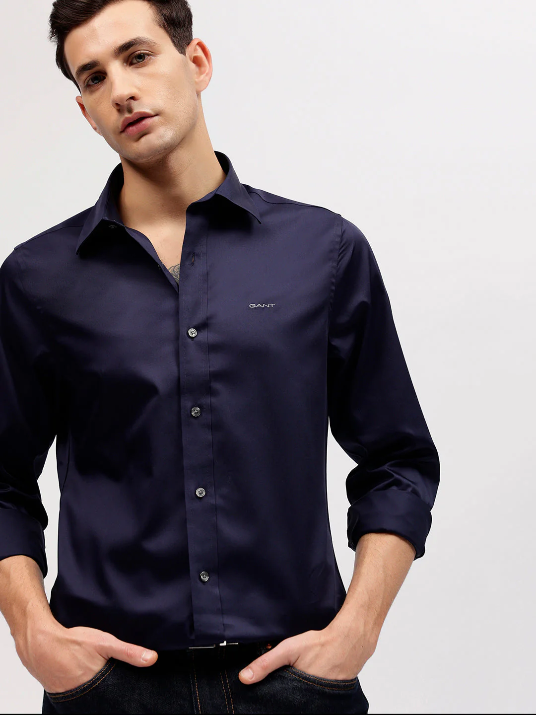 Gant Men Blue Solid Spread Collar Full Sleeves Shirt - Image 2