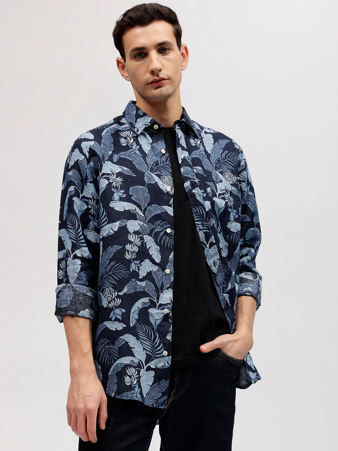 Gant Men Blue Regular Fit Printed Linen Shirt