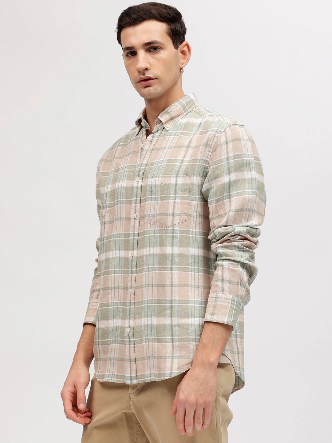 Gant Men Beige Regular Fit Checked Linen Shirt - Image 3