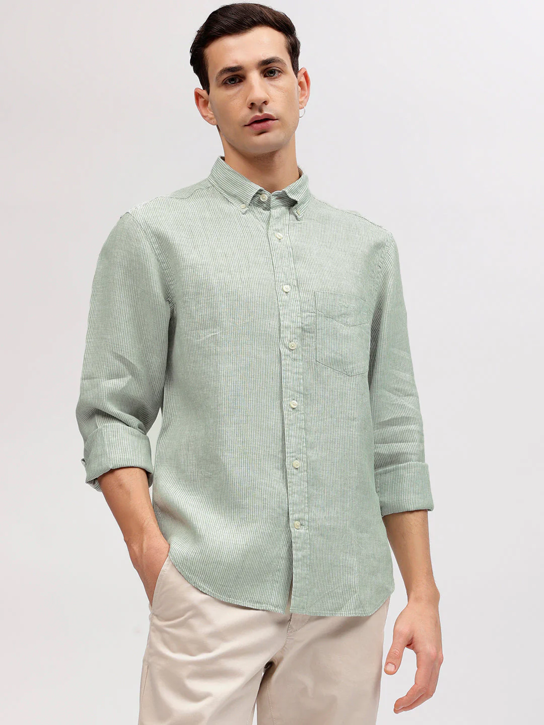 Gant Men Green Regular Fit Striped Linen Shirt