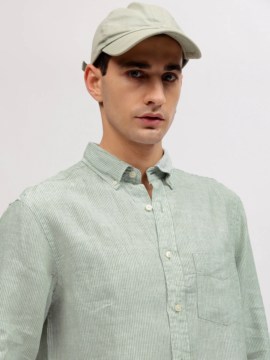 Gant Men Green Regular Fit Striped Linen Shirt - Image 2