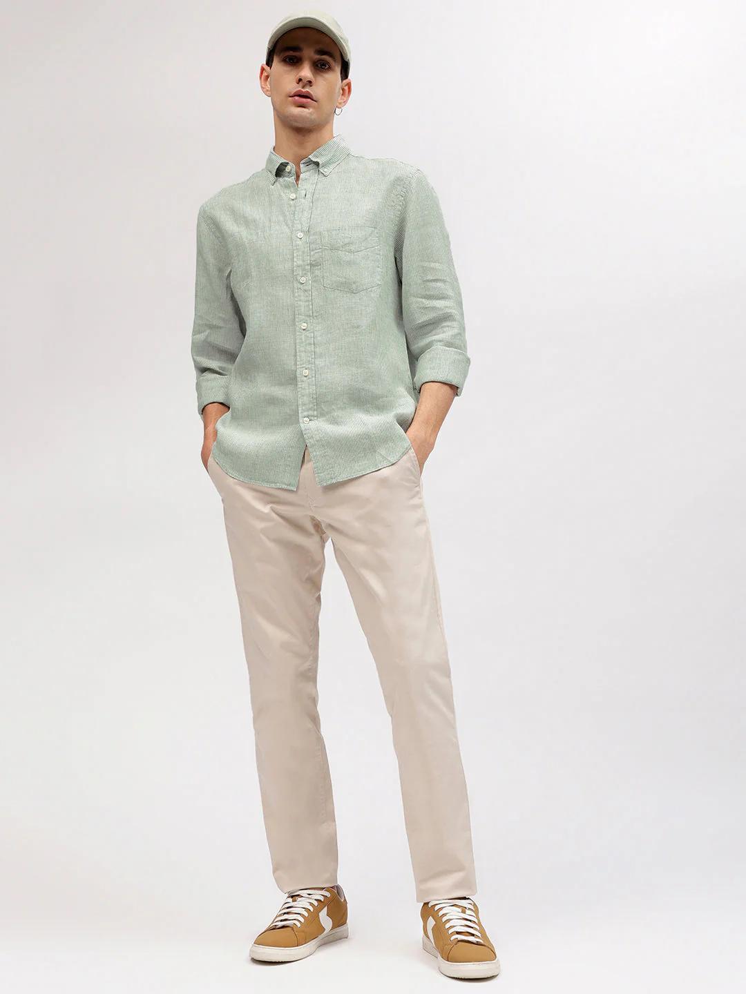 Gant Men Green Regular Fit Striped Linen Shirt - Image 5