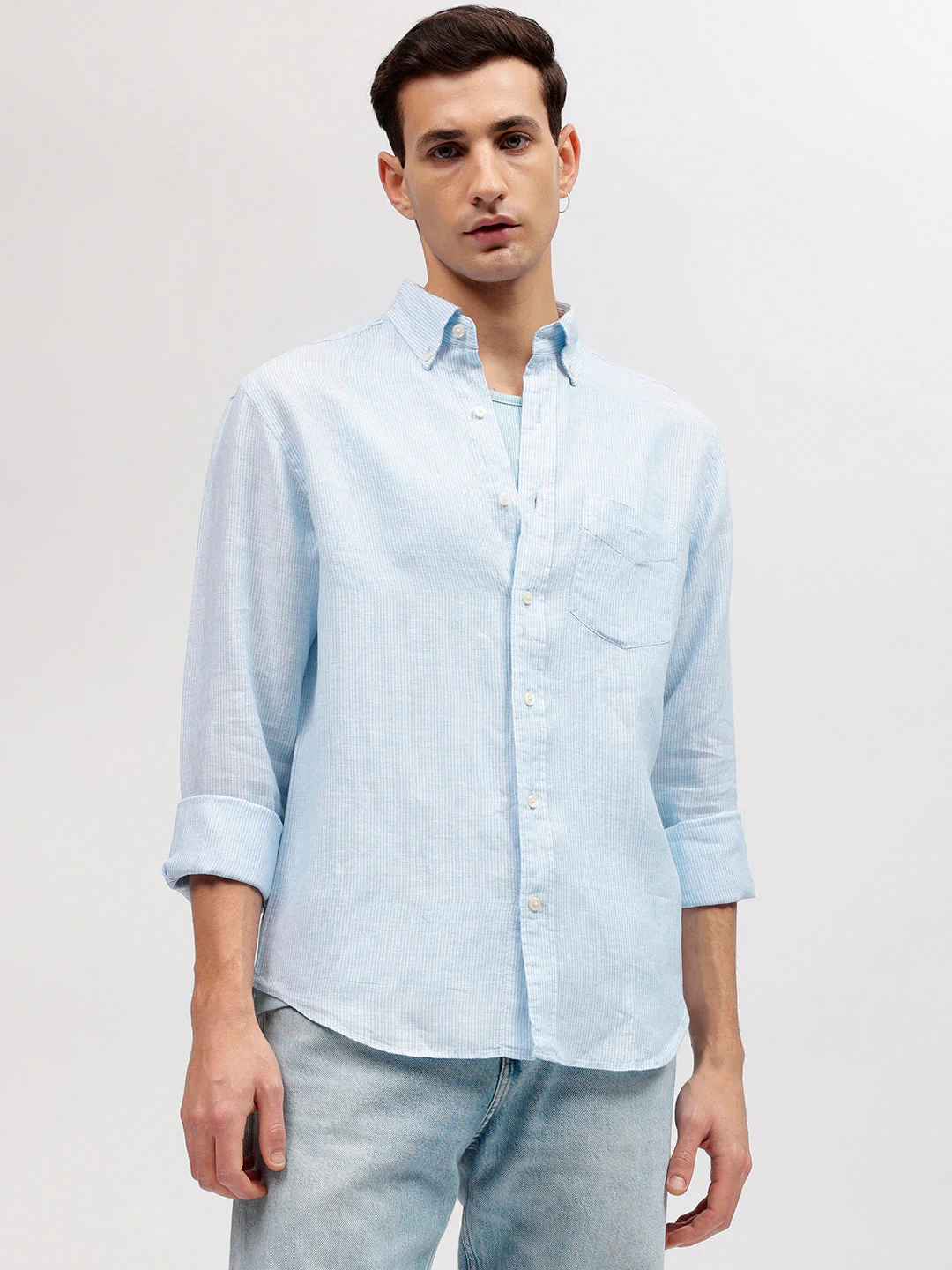 Gant Men Blue Regular Fit Striped Linen Shirt
